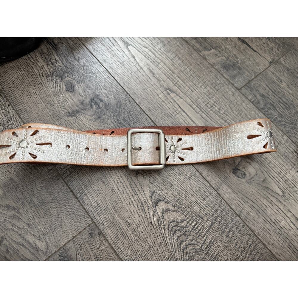 Linea Pelle Belt Silver Leather Studded Handmade One Tongue Buckle Wide Strap